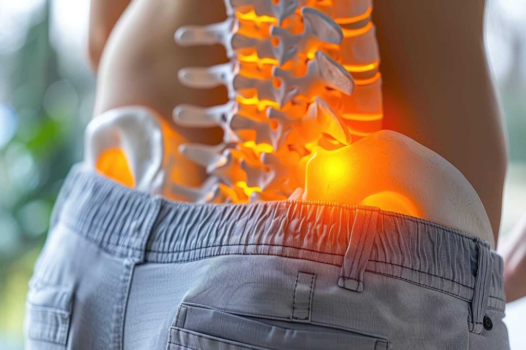 human spine with lower back pain visualized with glowing bones